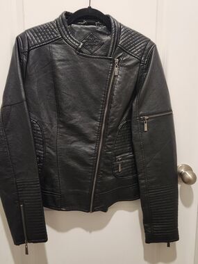 Jou Jou Black Quilted Faux Leather Asymmetrical Moto Jacket Size XL